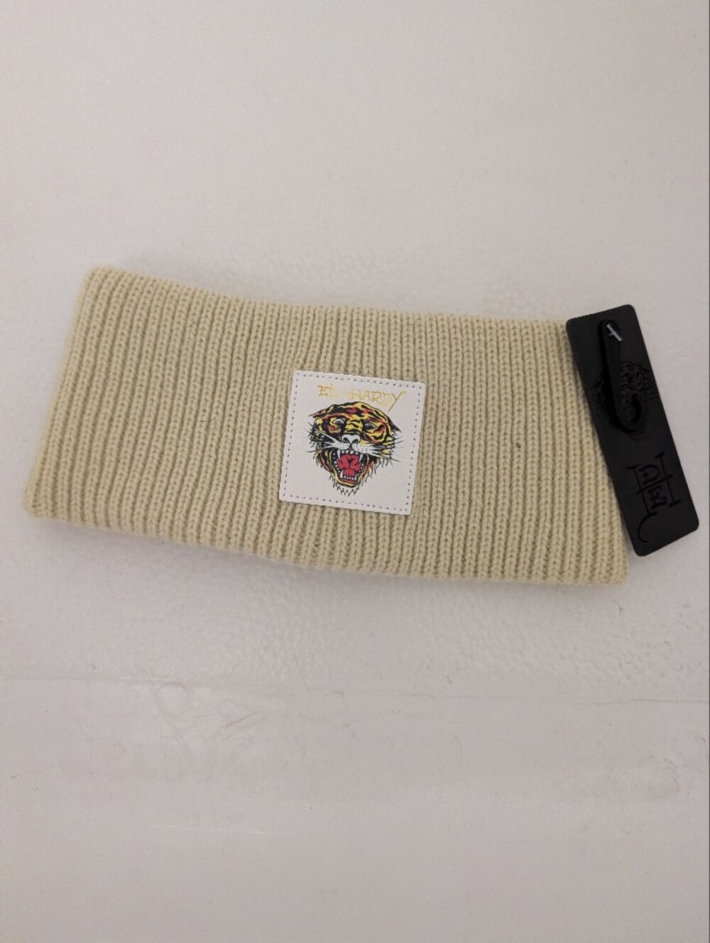 True Religion Beige Knit Headband with Tiger Patch